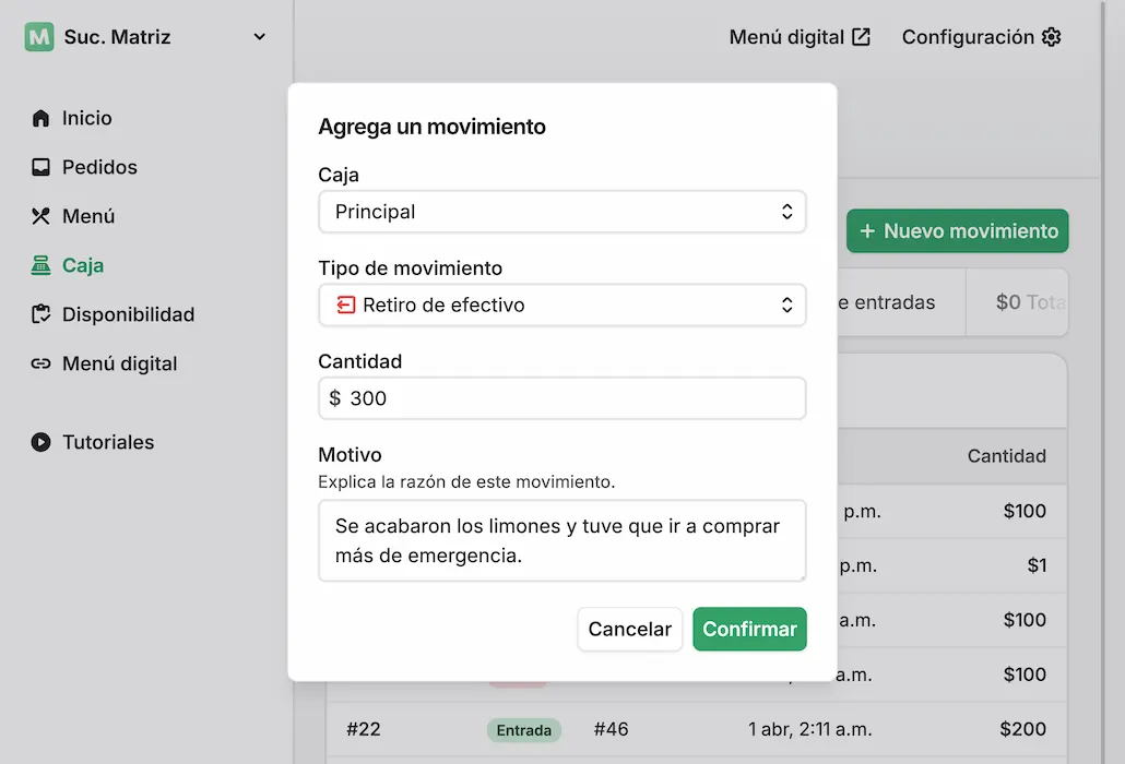 Registro de movimientos