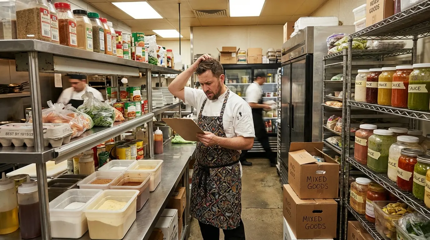 empleado revisando ingredientes en refrigerador profesional mientras toma notas en hoja de inventario