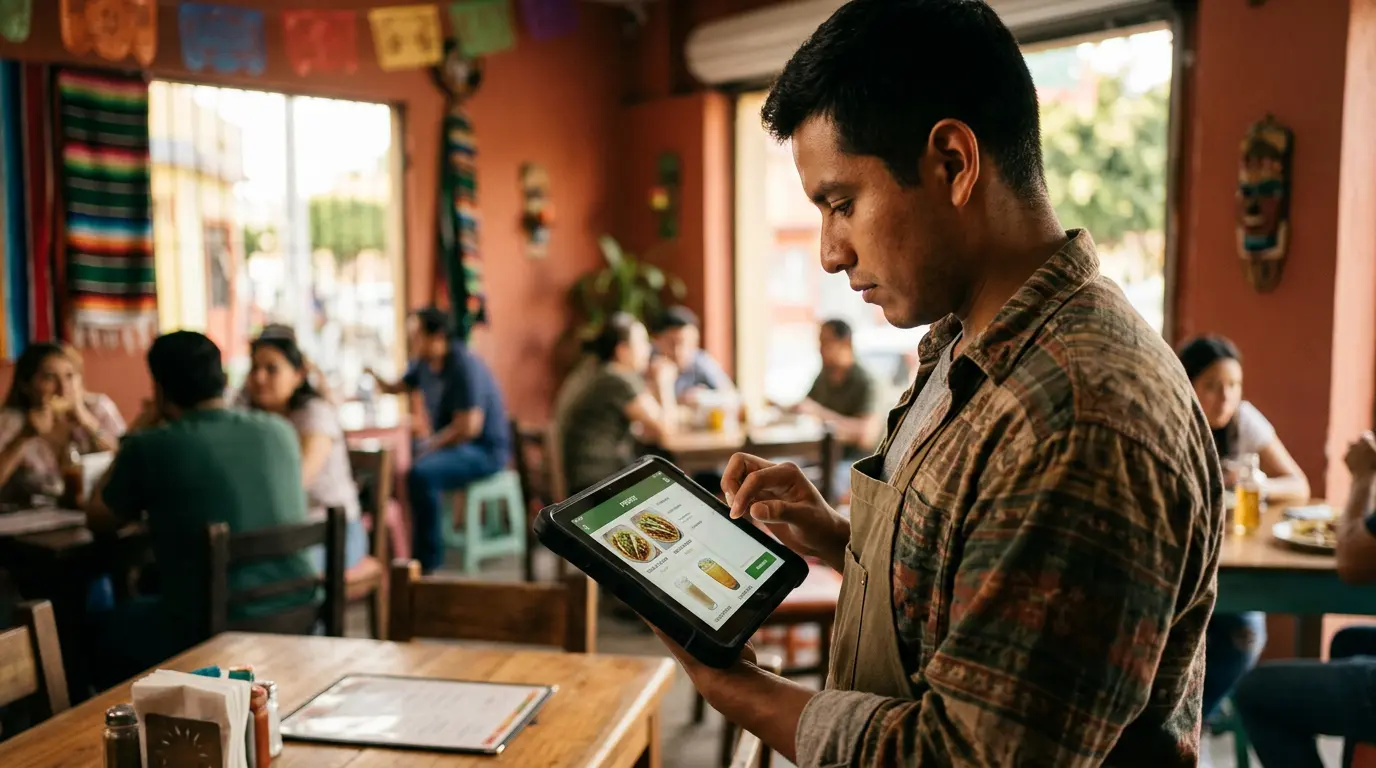 Mesero tomando pedido en tablet digital en restaurante mexicano, mostrando tecnología moderna para atención al cliente