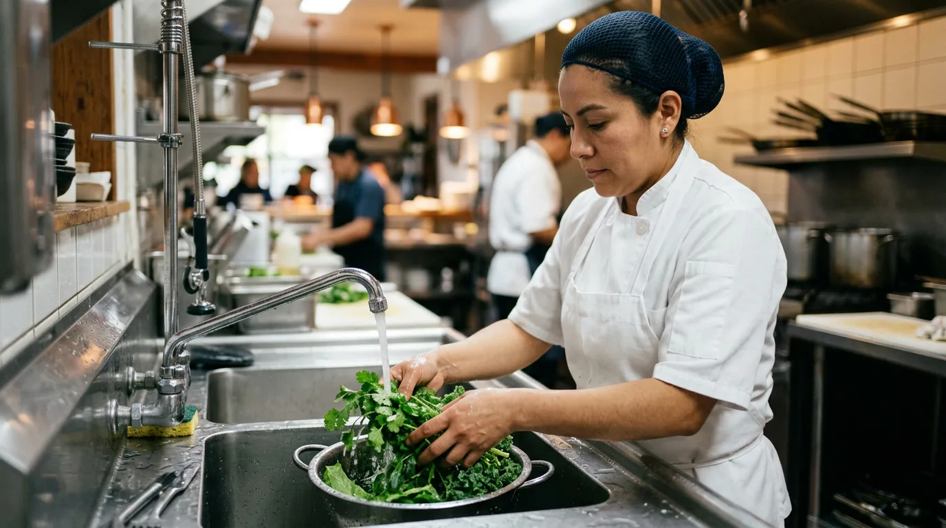 Cocinera con red para el cabello lavando hojas verdes en el fregadero de una cocina de restaurante, práctica de higiene evaluada por el Distintivo H.