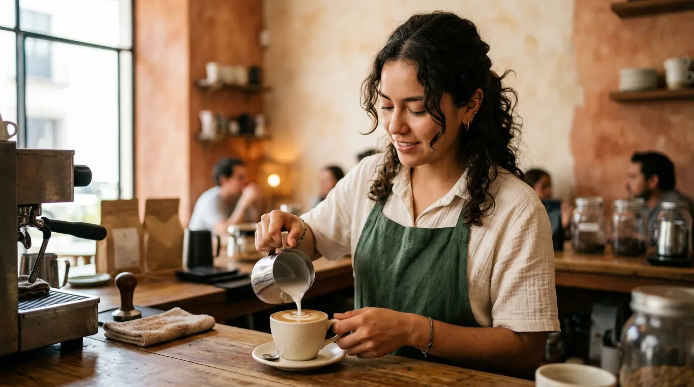 Barista en una cafetería pequeña en México preparando espresso para abrir su negocio de café.