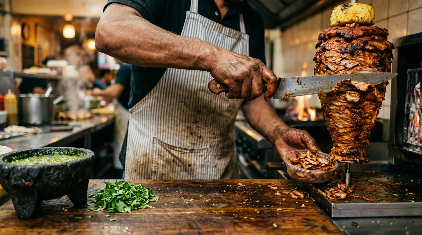 Taquero preparando tacos al pastor en una taquería pequeña en México, listo para abrir su negocio.