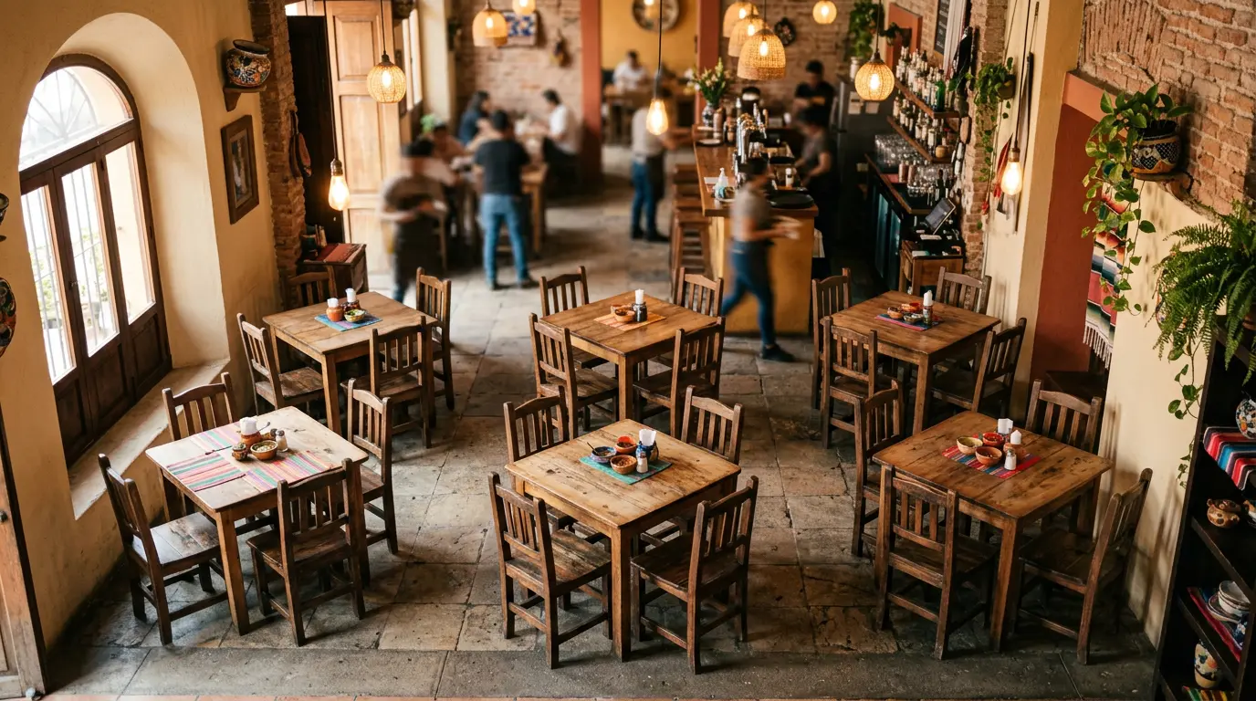 Salón de restaurante mexicano con mesas de madera organizadas estratégicamente para optimizar el flujo de servicio