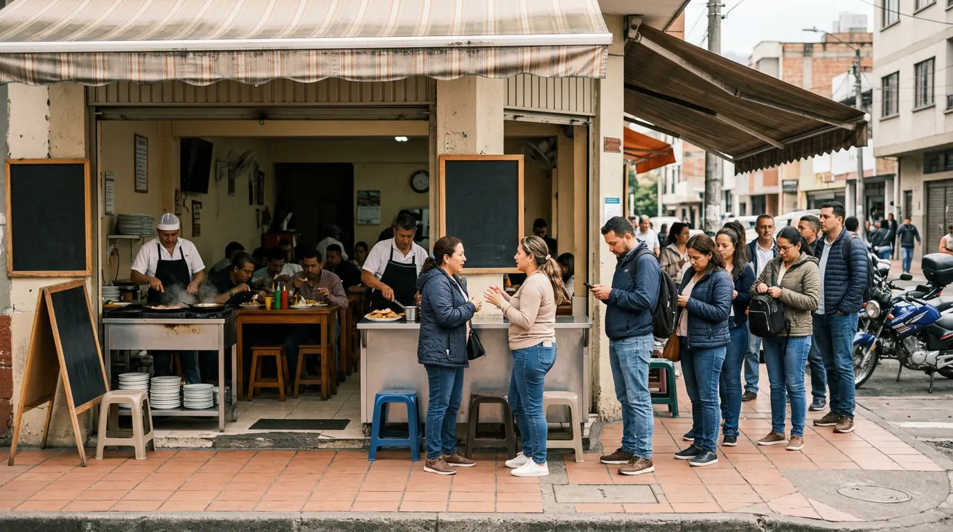 restaurante con fila larga de gente esperando