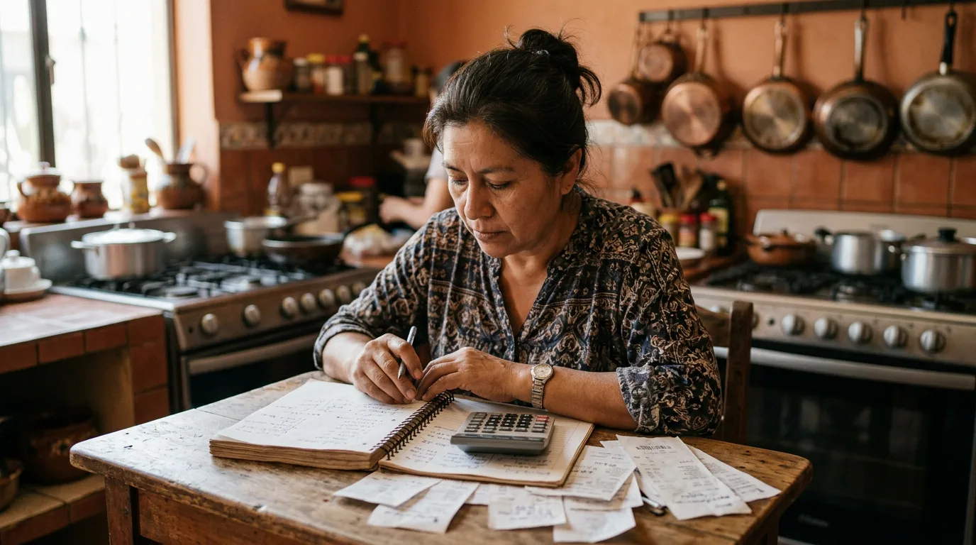 Dueña de restaurante mexicano revisando costos de ingredientes y calculando el precio del menú con notas escritas a mano.