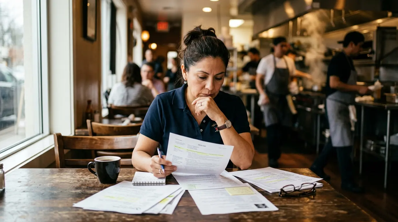 Gerente de restaurante revisando candidatos para contratar personal en mesa de trabajo con documentos