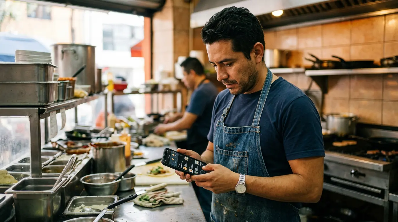 Dueño de restaurante en México revisando comisiones de Uber Eats en su smartphone desde su cocina.