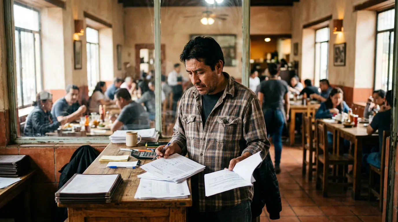Dueño de restaurante revisando documentos operativos con una segunda sucursal visible al fondo, planeando cómo crear una cadena de restaurantes.