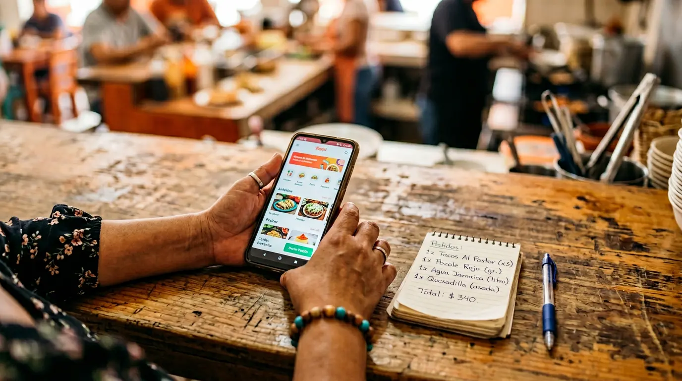 Dueño de restaurante en México registrando su negocio en DiDi Food desde su celular en la cocina.