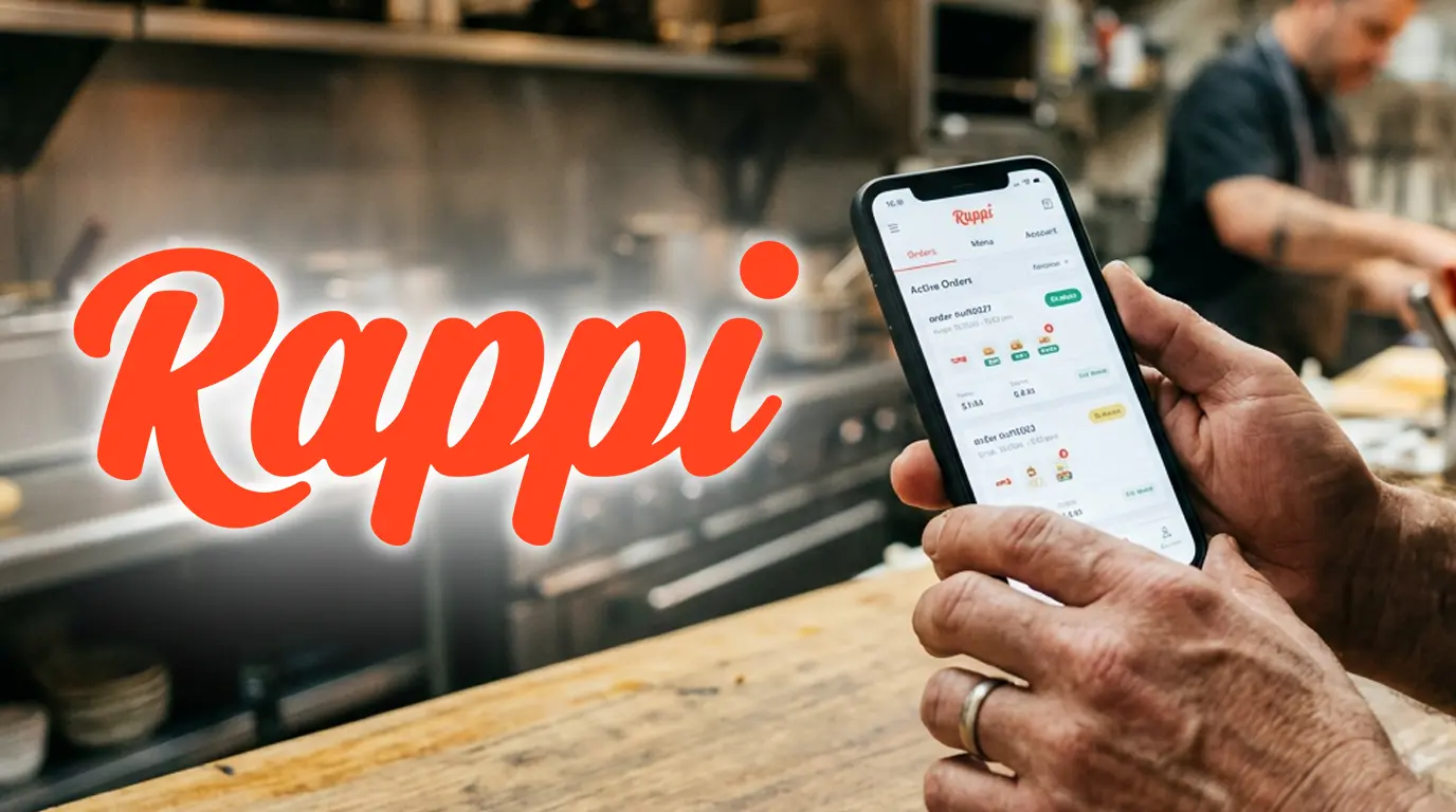 Dueño de restaurante revisando menú digital en celular para configurar pedidos en plataforma de delivery como Rappi