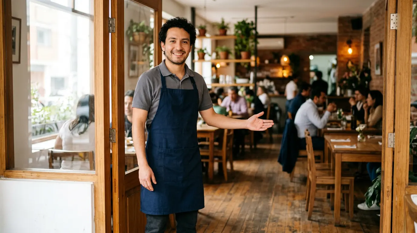 Empleado de restaurante latinoamericano dando la bienvenida a clientes en la entrada con una sonrisa genuina y contacto visual.