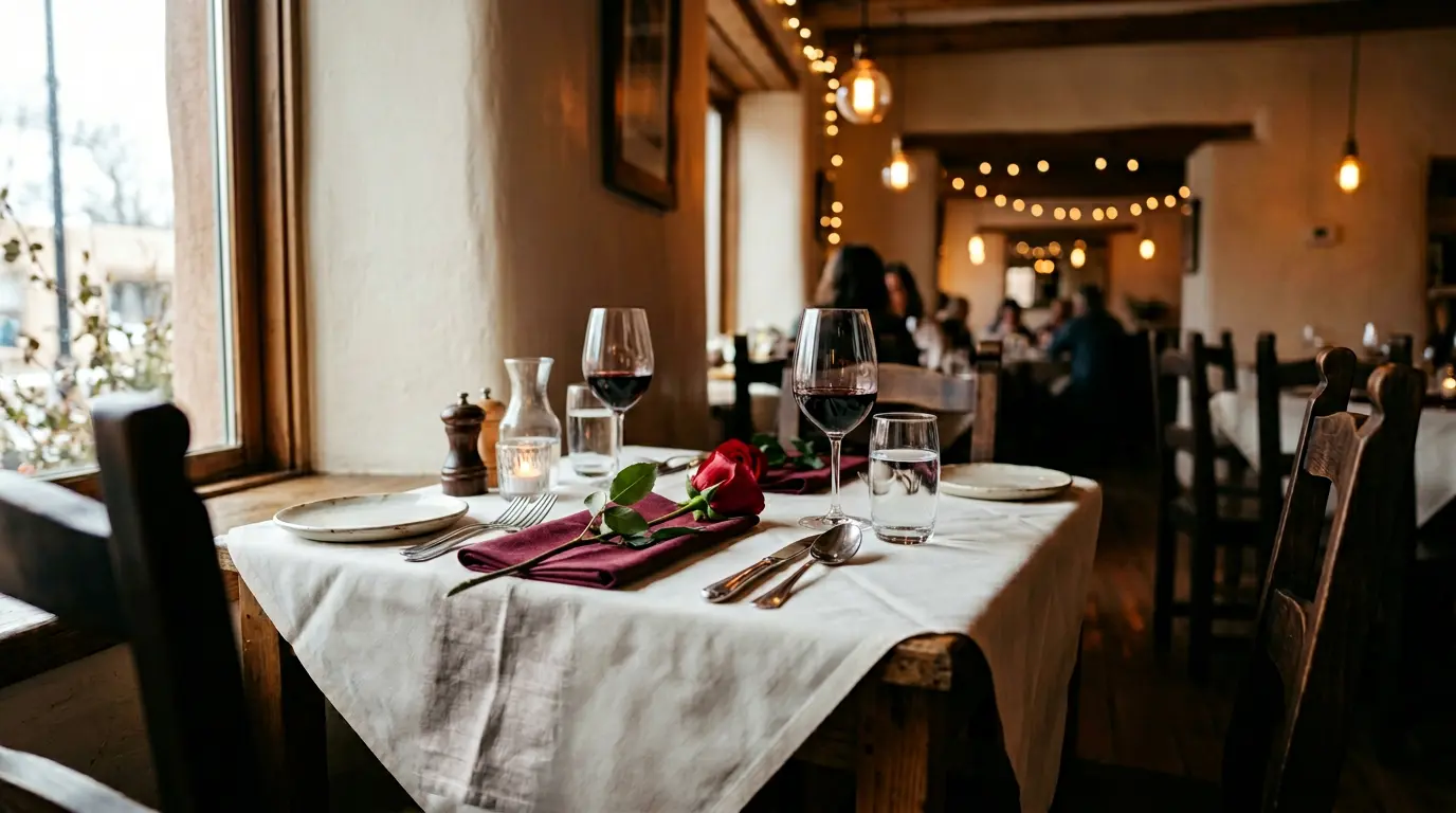 Mesa decorada con mantel oscuro, rosas frescas y velas para cena romántica de San Valentín en restaurante