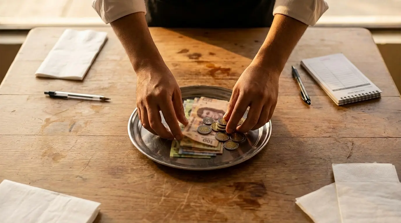 equipo de meseros dividiendo propinas de forma equitativa al final del turno en restaurante