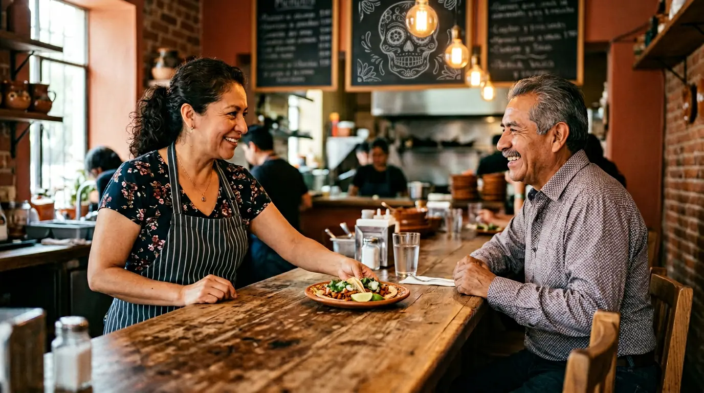Mesero en restaurante mexicano atendiendo a cliente frecuente con trato cercano, clave para fidelizar clientes en un restaurante