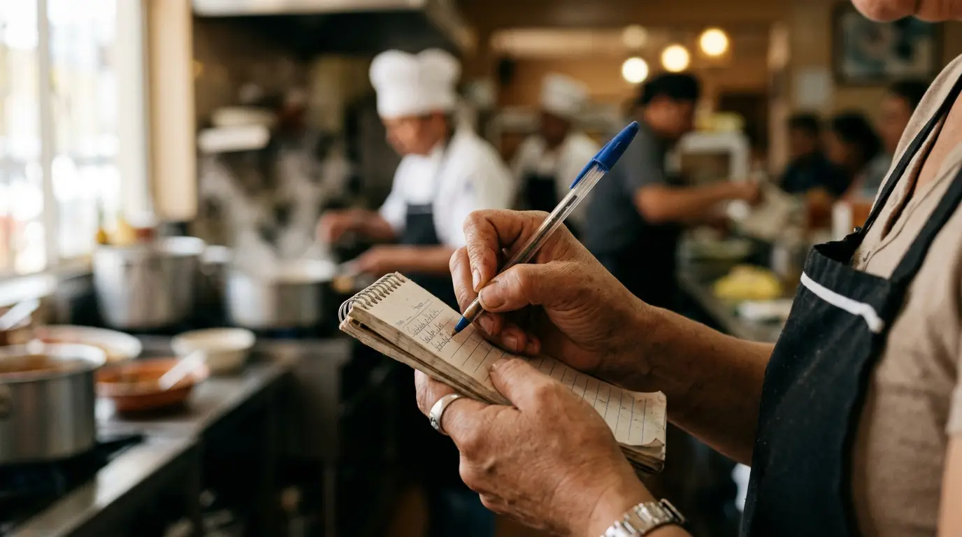 Mesero mexicano tomando comanda en libreta dentro de restaurante familiar tradicional