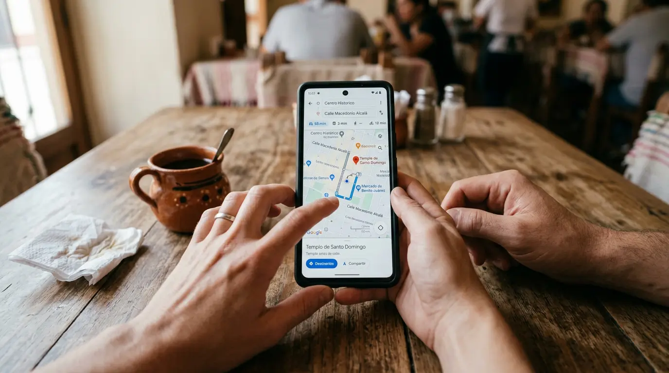 Dueño de restaurante revisando la ubicación de su negocio en Google Maps desde su celular afuera de su local.