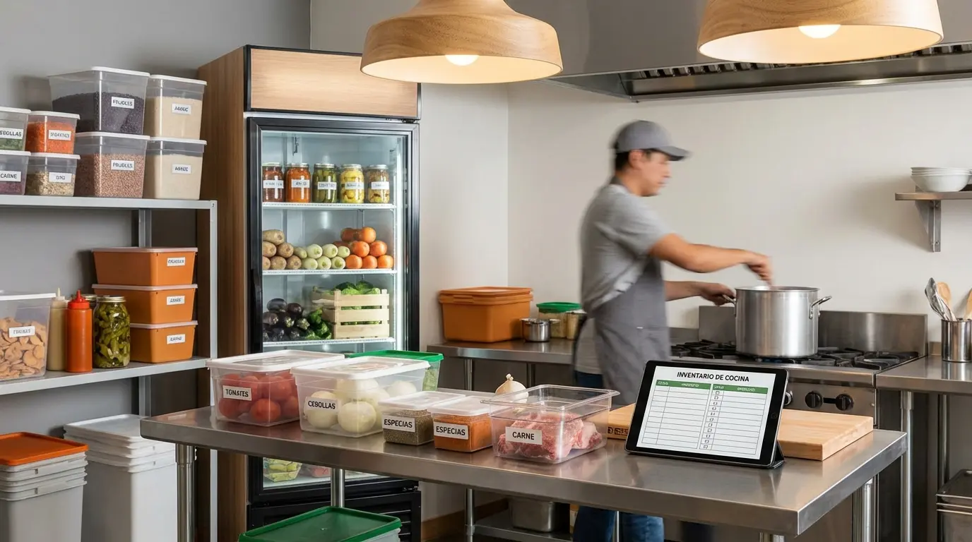 chef revisando inventario de ingredientes en refrigerador de cocina profesional con portapapeles
