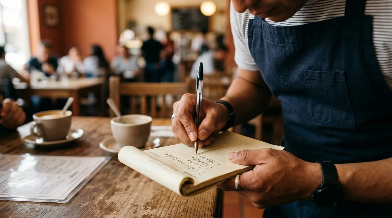 mesero anotando pedidos en comanda de papel sobre mesa de restaurante con elementos de servicio al fondo