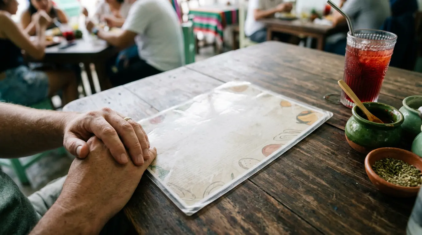 Manos sosteniendo el menú de un restaurante mexicano casual sobre una mesa de madera, reflejando cómo organizar un menú de restaurante.