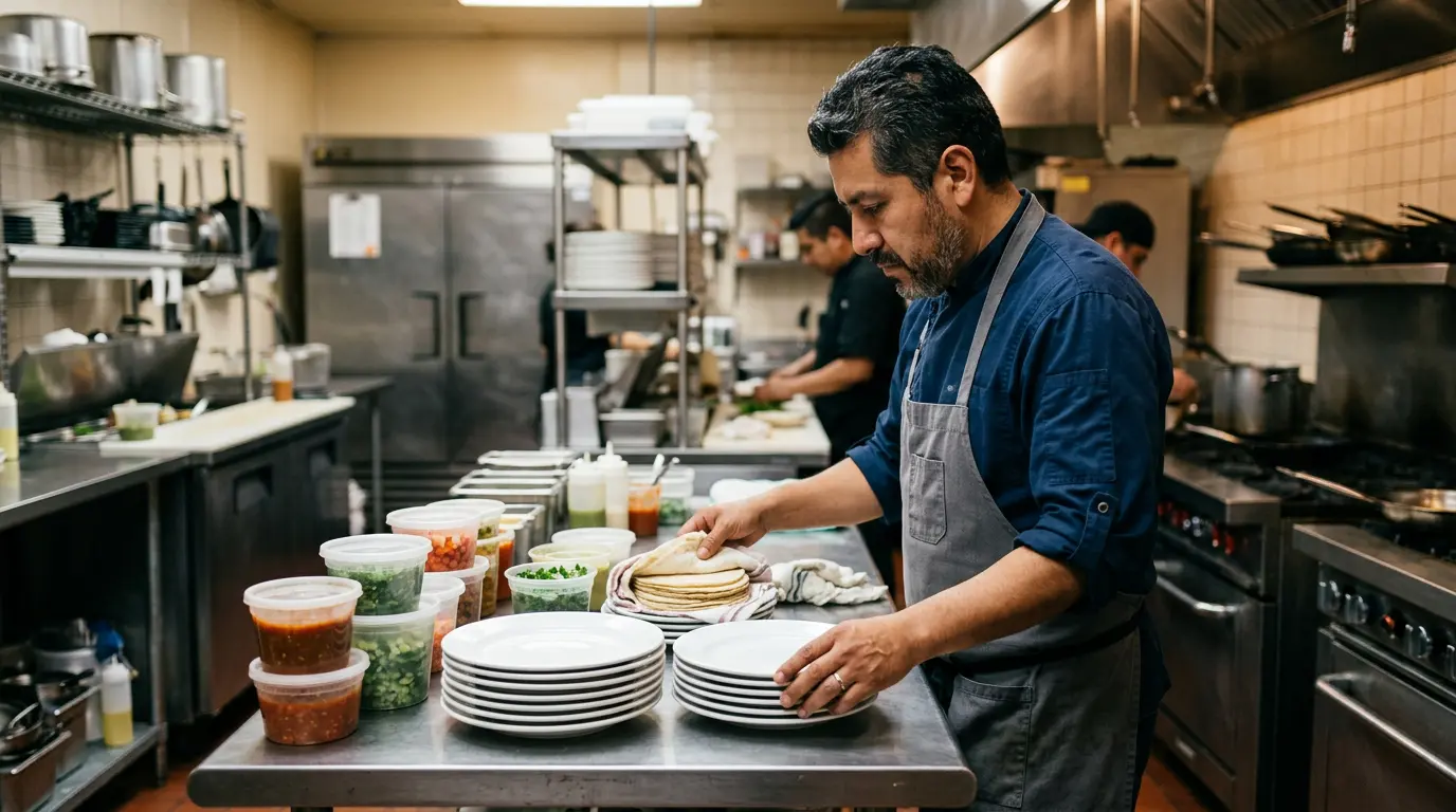 Cocinero en cocina de restaurante mexicano revisando el orden y limpieza de su área, parte del proceso para obtener el Distintivo H.