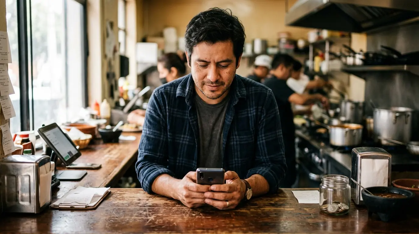 Dueño de restaurante en México revisando en su teléfono el proceso para registrar su restaurante en Uber Eats.