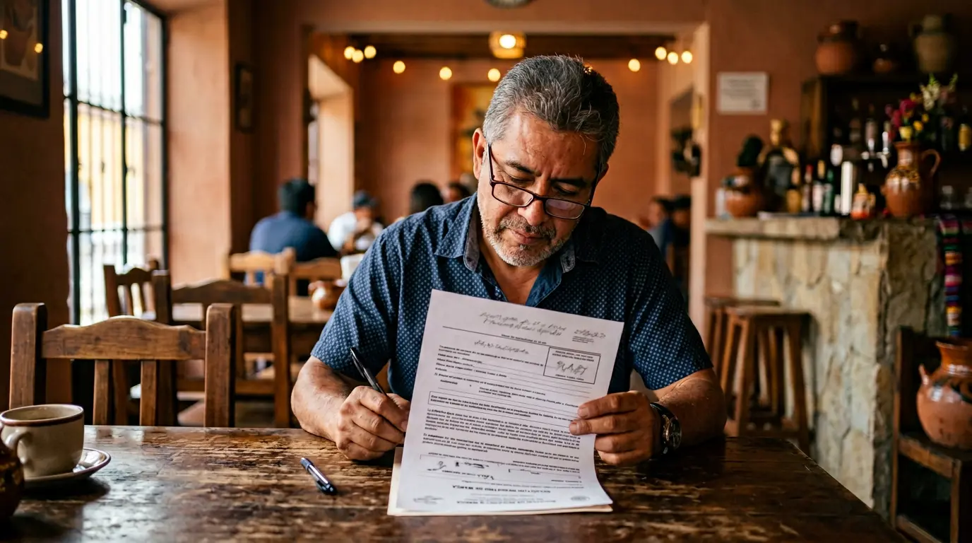 Dueña de restaurante mexicano revisando documentos oficiales para registrar la marca de su negocio