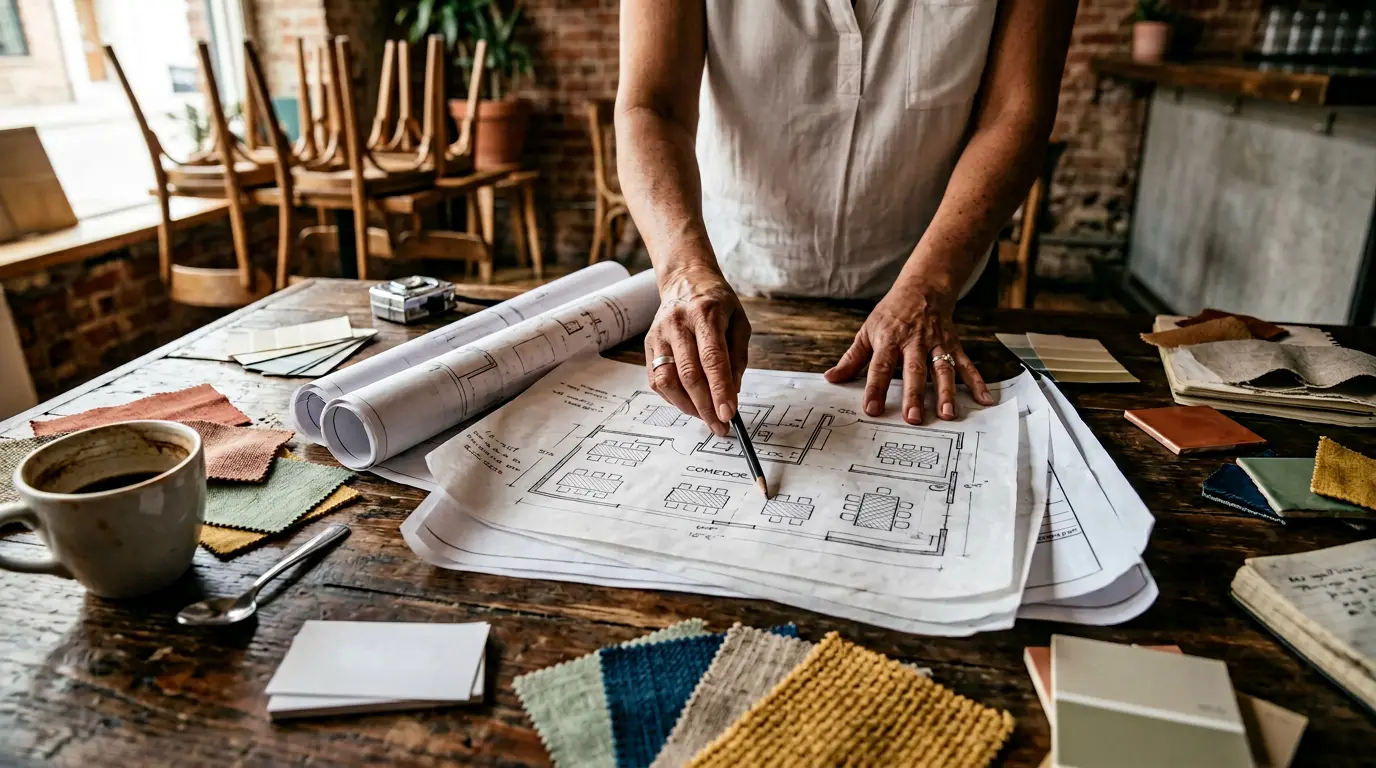 Dueño de restaurante mexicano revisando muestras de diseño y planos para remodelar su espacio con presupuesto limitado