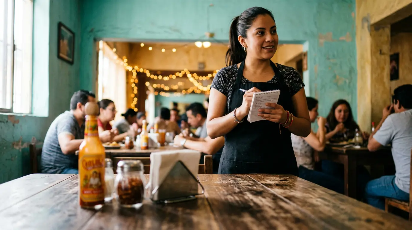 Mesero revisando órdenes en restaurante mexicano con mesas ocupadas y ambiente cálido de control de servicio