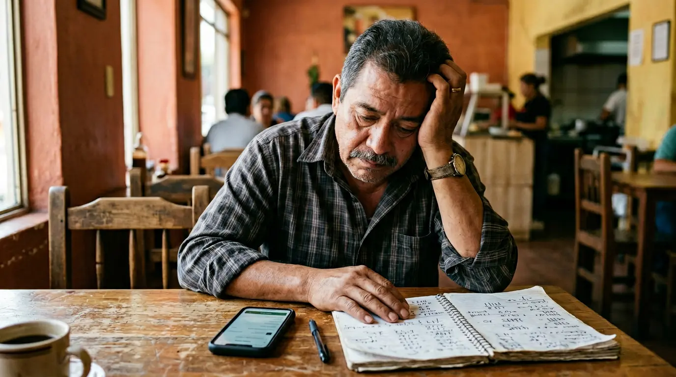 Dueño de restaurante revisando comisiones de Rappi en su celular dentro de su local en México.