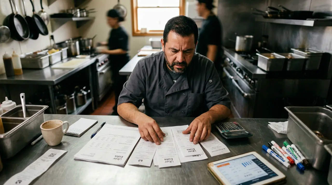 Dueño de restaurante mexicano revisando comisiones y facturas de Uber Eats en la cocina de su negocio