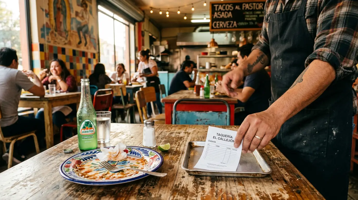 mesero presentando cuenta a clientes en restaurante mexicano mientras esperan para dejar propina