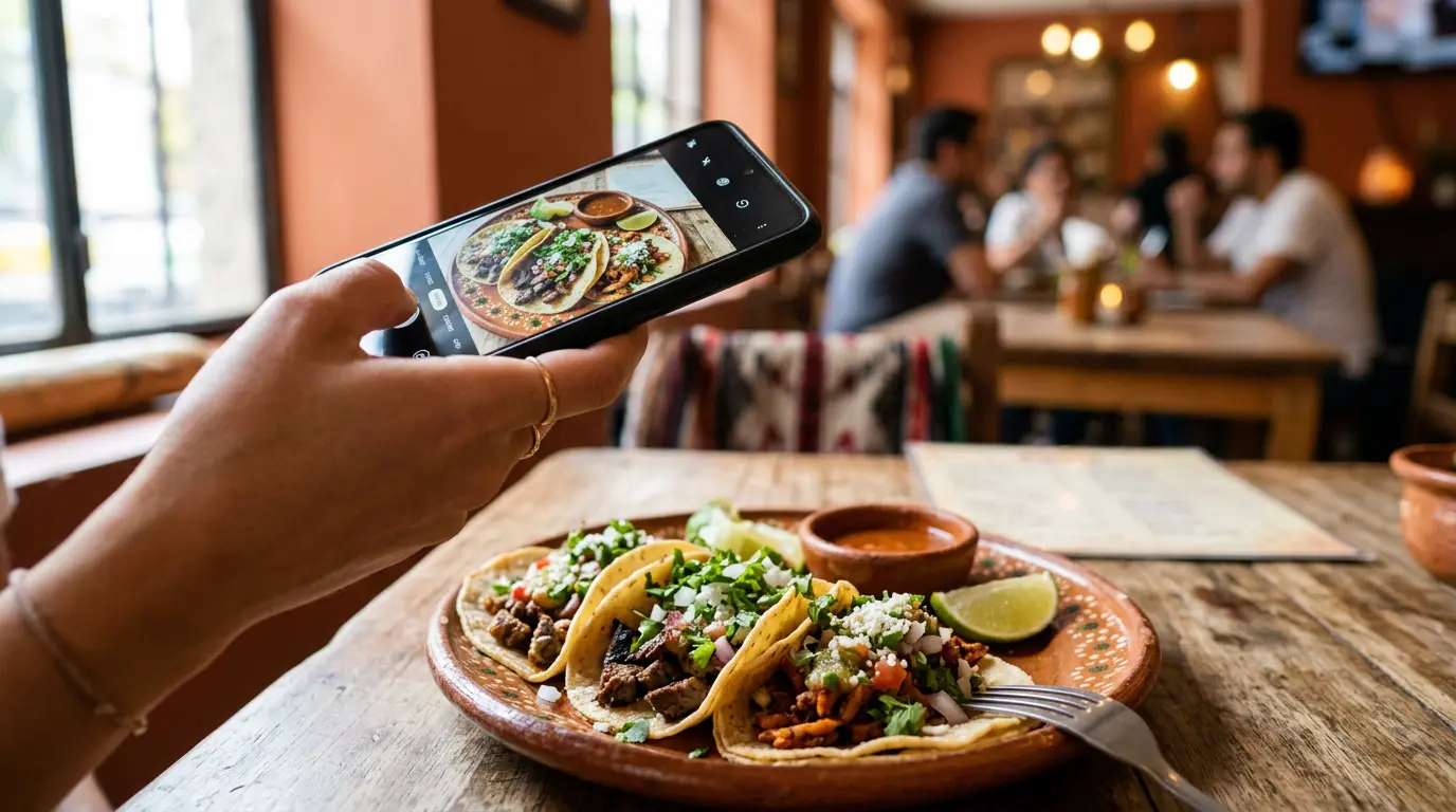 Mano sosteniendo un celular para fotografiar un platillo colorido, practicando fotografía de comida en un restaurante latinoamericano.