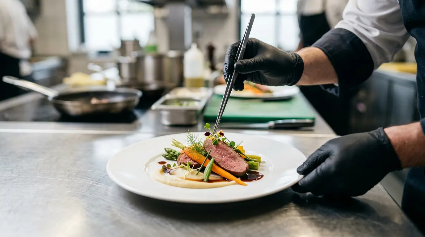 Chef aplicando técnicas de emplatado profesional en restaurante con pinzas colocando guarnición sobre plato gourmet con fondo difuminado