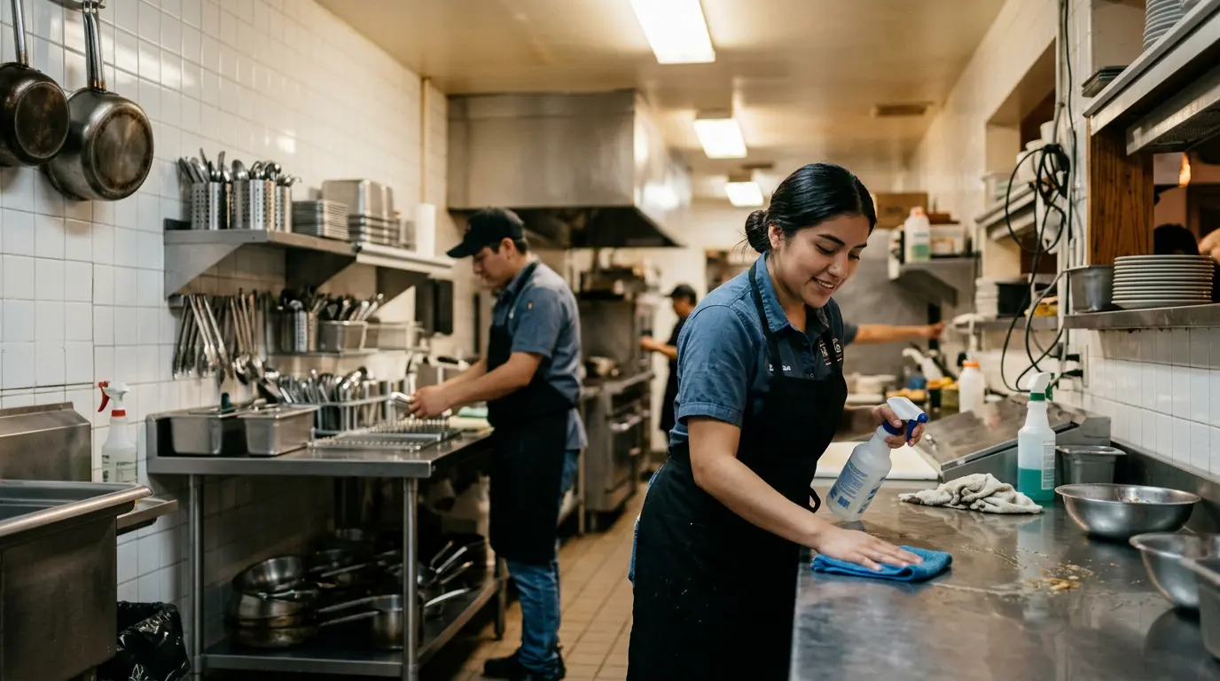 superficies limpias y utensilios organizados en cocina profesional de restaurante mexicano