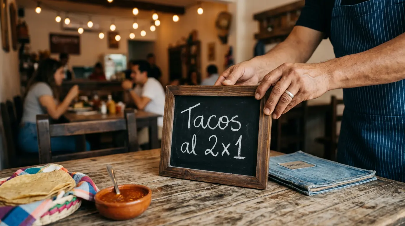 Dueño de restaurante mexicano colocando letrero de promoción del día en mesa de madera con ambiente cálido y comensales al fondo.