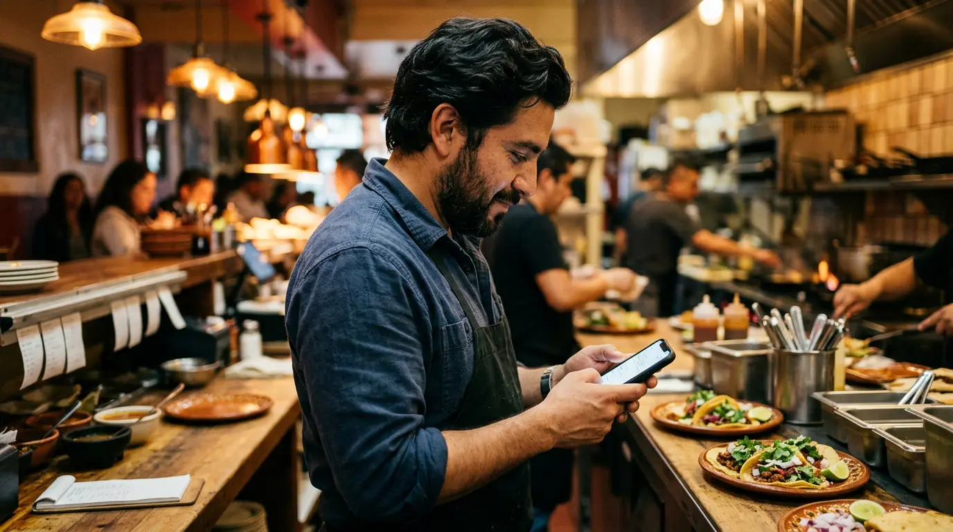 Dueño de restaurante mexicano revisando su celular junto al mostrador, gestionando el marketing para restaurantes de su negocio.