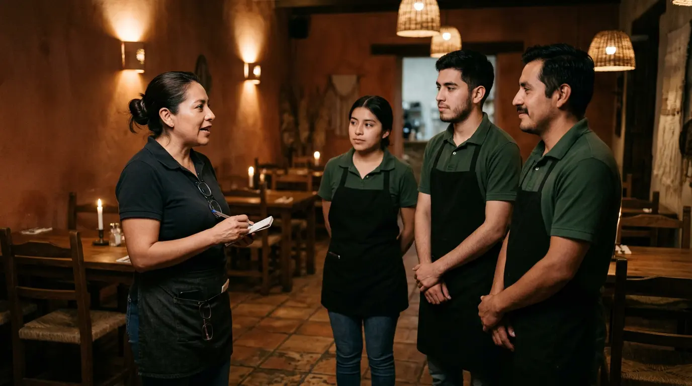 Equipo de un restaurante latinoamericano coordinándose antes del servicio, reflejando la estructura del organigrama de un restaurante.