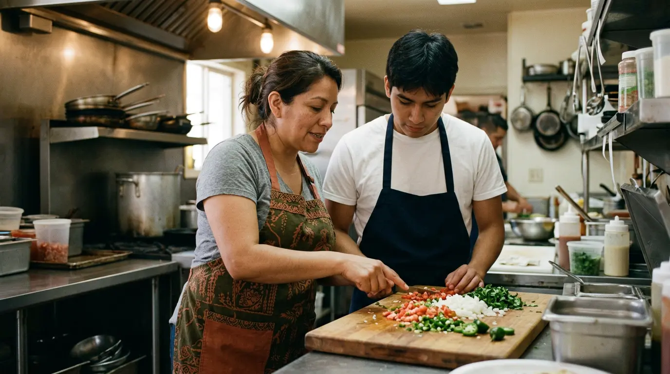 Mesero y cocinero coordinando tareas en un restaurante mexicano, representando los puestos de trabajo en un restaurante.