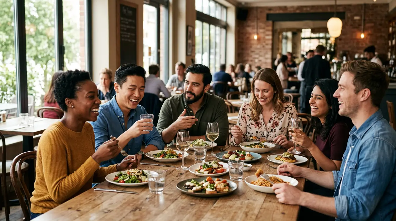 Comensales disfrutando juntos en mesa de restaurante con ambiente cálido y servicio atento