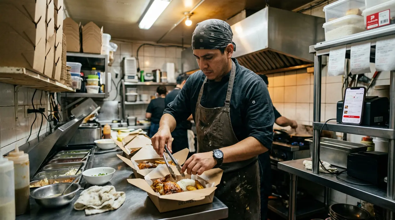 Varios recipientes para alimentos que se preparan para su entrega en una cocina mexicana compacta y oscura