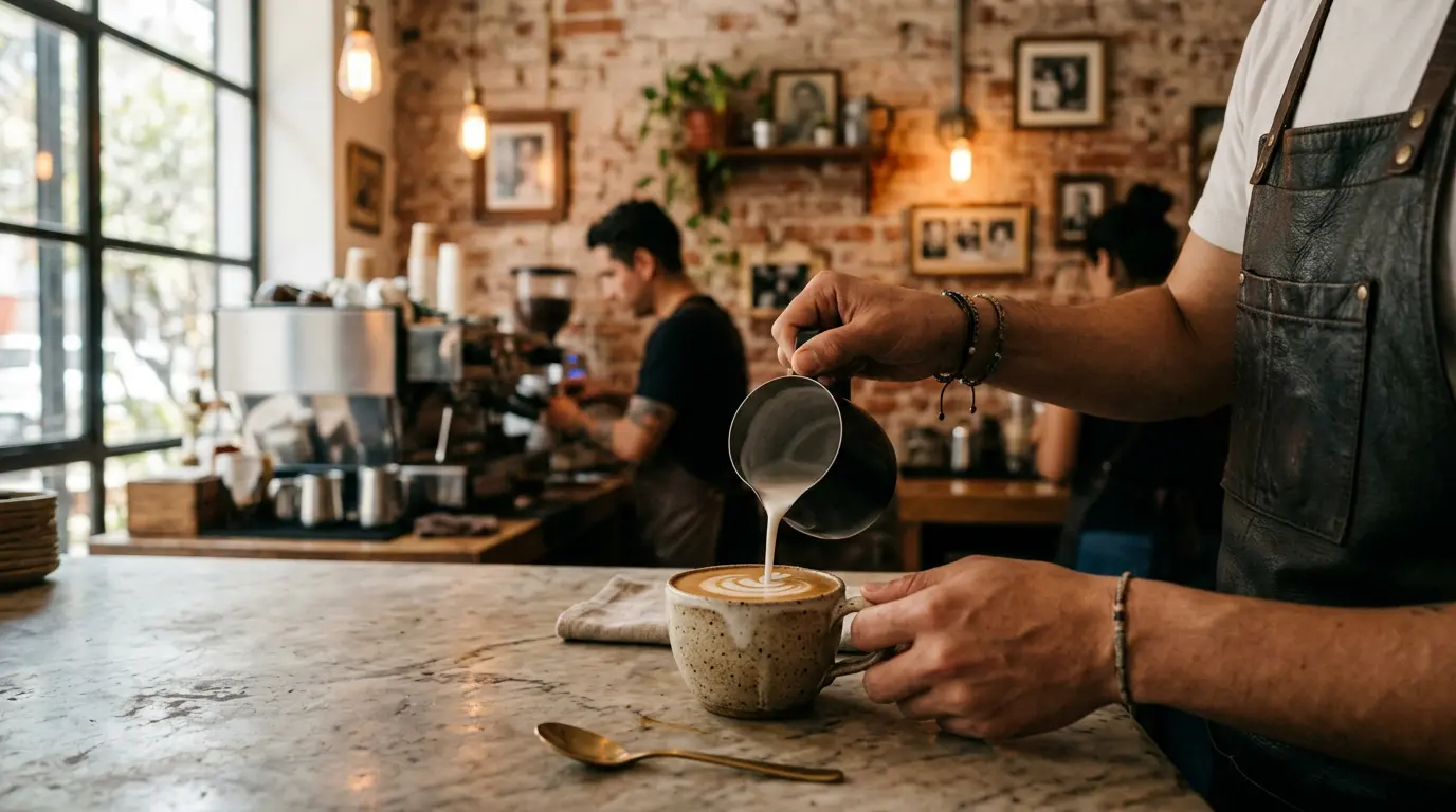 Bebida de café artesanal en taza cerámica sobre barra de cafetería moderna en México con ambiente acogedor y minimalista