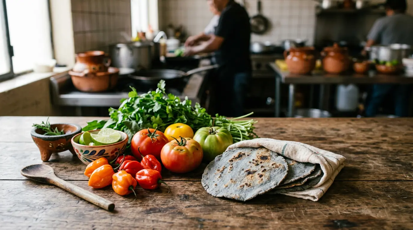 Ingredientes frescos mexicanos y tablet con pedidos digitales en mostrador de restaurante local reflejando tendencias gastronómicas
